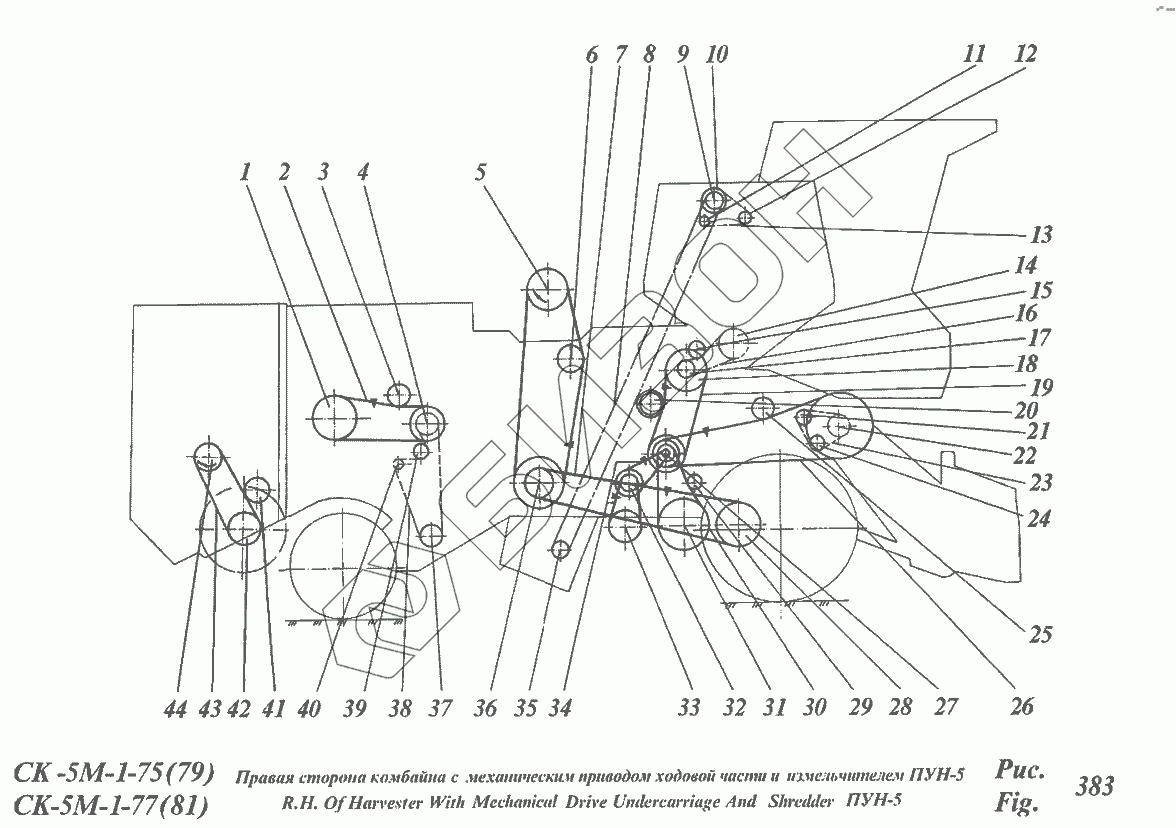 Кинематическая схема (цветная) ходовой части комбайна СК-5М «Нива», СК-6II «Колос»
